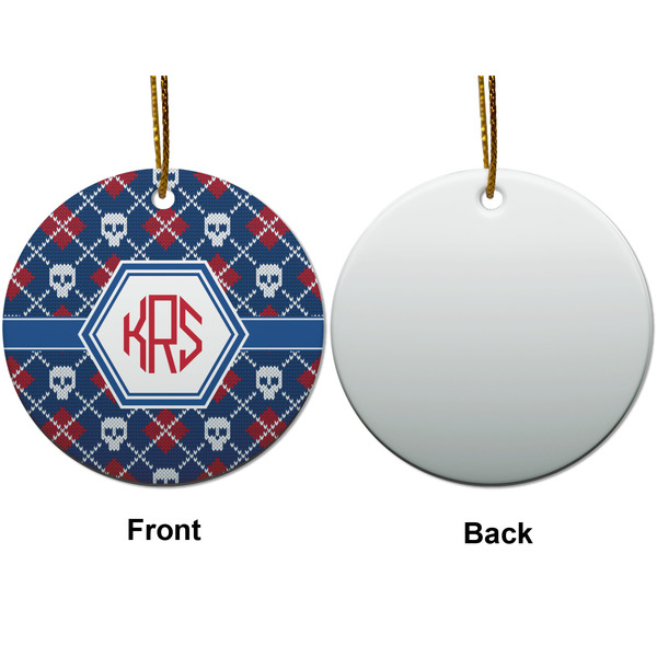 Knitted Argyle & Skulls Ceramic Flat Ornament - Circle Front & Back (APPROVAL)
