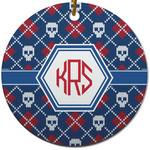 Knitted Argyle & Skulls Round Ceramic Ornament w/ Monogram