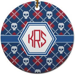 Knitted Argyle & Skulls Round Ceramic Ornament w/ Monogram