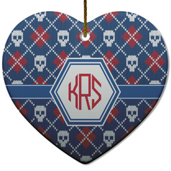 Knitted Argyle & Skulls Heart Ceramic Ornament w/ Monogram