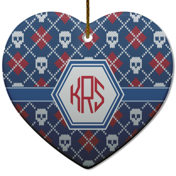 Custom Knitted Argyle & Skulls Heart Ceramic Ornament w/ Monogram