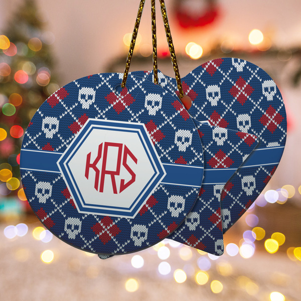 Custom Knitted Argyle & Skulls Ceramic Ornament w/ Monogram
