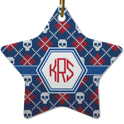 Knitted Argyle & Skulls Star Ceramic Ornament w/ Monogram