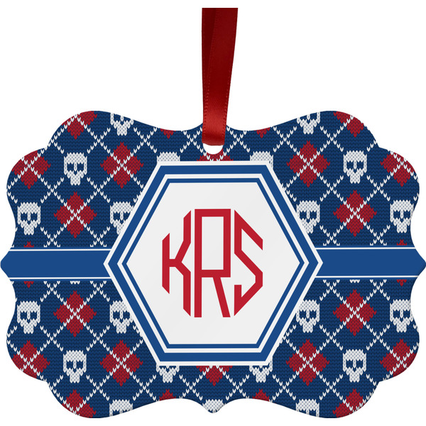Custom Knitted Argyle & Skulls Metal Frame Ornament - Double Sided w/ Monogram