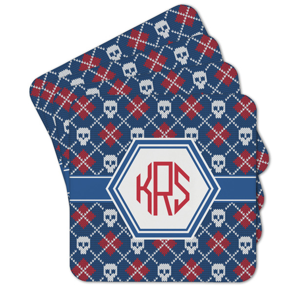 Custom Knitted Argyle & Skulls Cork Coaster - Set of 4 w/ Monogram