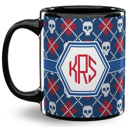 Knitted Argyle & Skulls 11 Oz Coffee Mug - Black (Personalized)