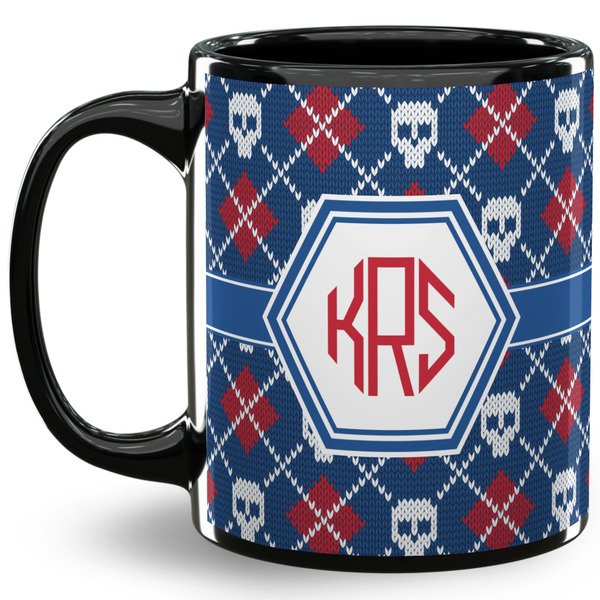 Custom Knitted Argyle & Skulls 11 Oz Coffee Mug - Black (Personalized)