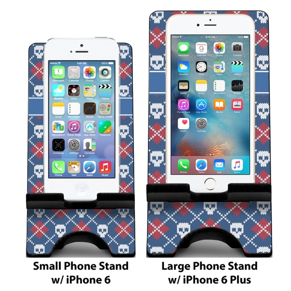 Knitted Argyle & Skulls Compare Phone Stand Sizes - with iPhones