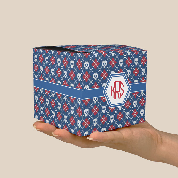 Knitted Argyle & Skulls Cube Favor Gift Box - On Hand - Scale View