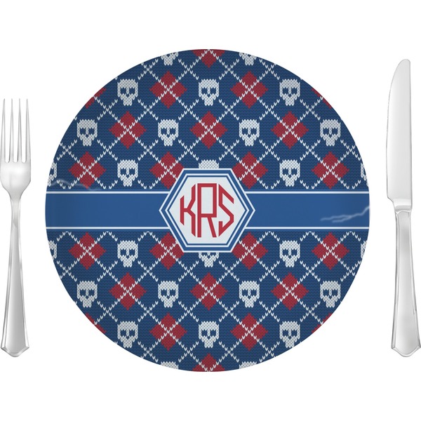 Custom Knitted Argyle & Skulls Glass Lunch / Dinner Plate 10" (Personalized)