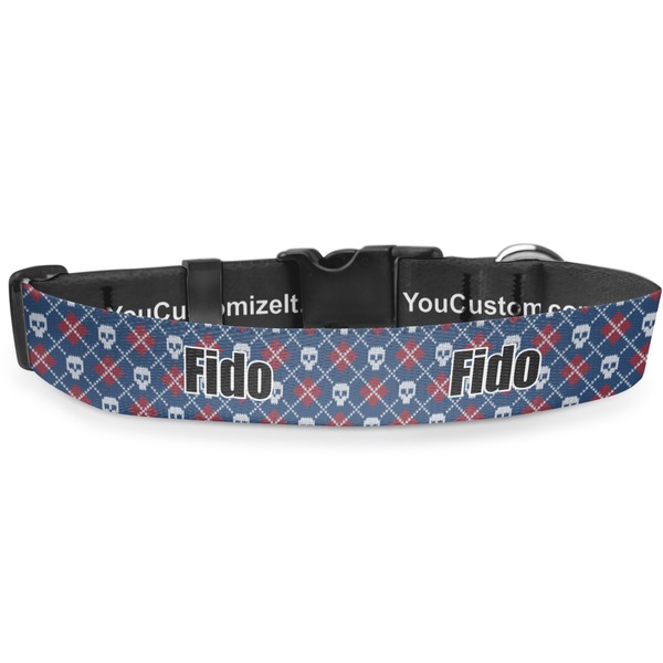 Custom Knitted Argyle & Skulls Deluxe Dog Collar - Double Extra Large (20.5" to 35") (Personalized)