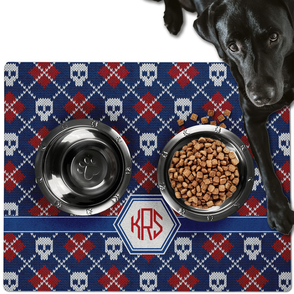 Custom Knitted Argyle & Skulls Dog Food Mat - Large w/ Monogram