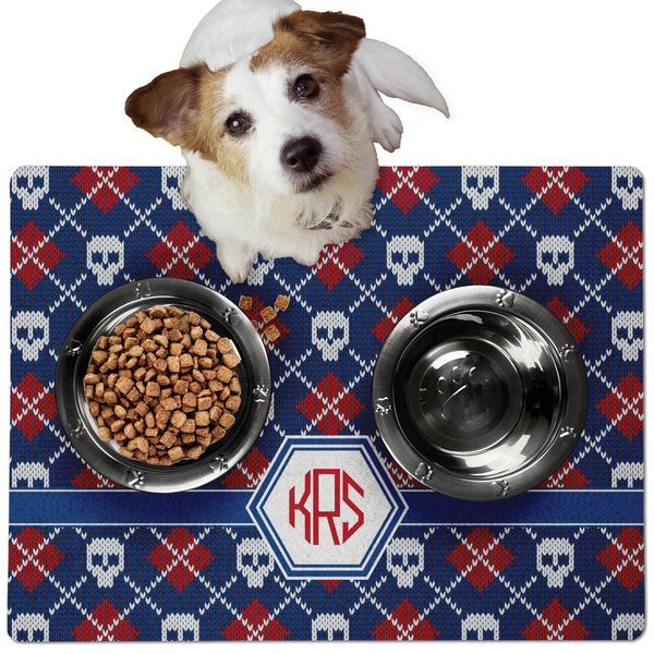 Custom Knitted Argyle & Skulls Dog Food Mat - Medium w/ Monogram