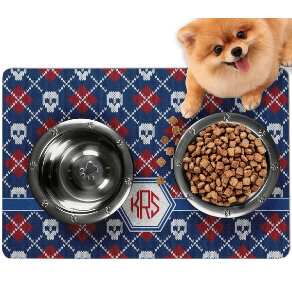 Custom Knitted Argyle & Skulls Dog Food Mat - Small w/ Monogram