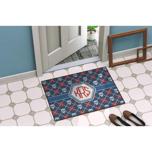 Knitted Argyle & Skulls Door Mat Lifestyle