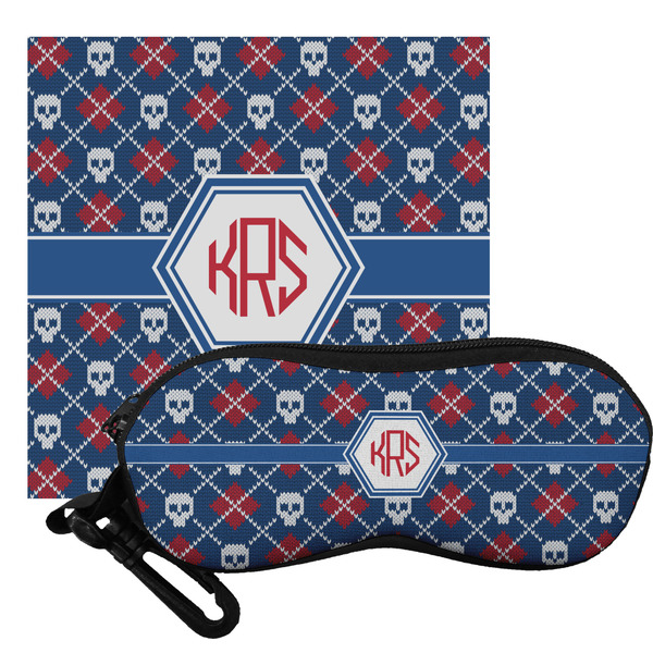 Custom Knitted Argyle & Skulls Eyeglass Case & Cloth (Personalized)