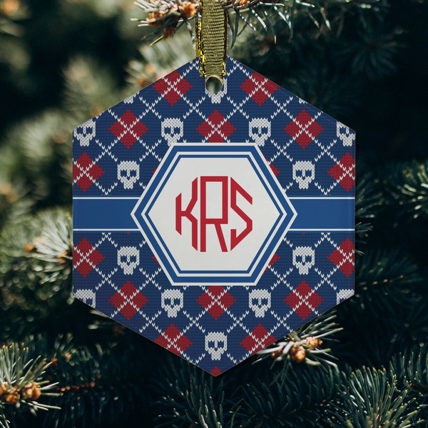 Knitted Argyle & Skulls Frosted Glass Ornament - Hexagon (Lifestyle)
