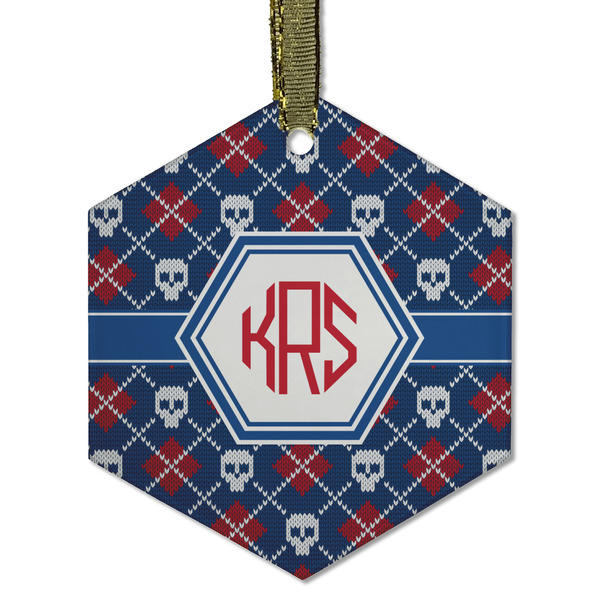 Custom Knitted Argyle & Skulls Flat Glass Ornament - Hexagon w/ Monogram