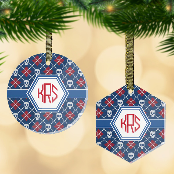 Custom Knitted Argyle & Skulls Flat Glass Ornament w/ Monogram