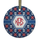 Knitted Argyle & Skulls Flat Glass Ornament - Round w/ Monogram