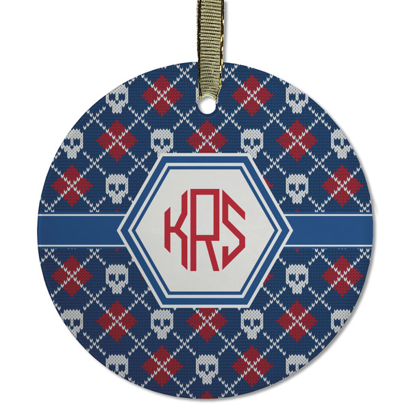 Custom Knitted Argyle & Skulls Flat Glass Ornament - Round w/ Monogram
