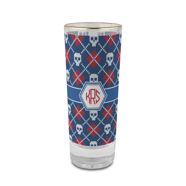 Custom Knitted Argyle & Skulls 2 oz Shot Glass - Glass with Gold Rim (Personalized)