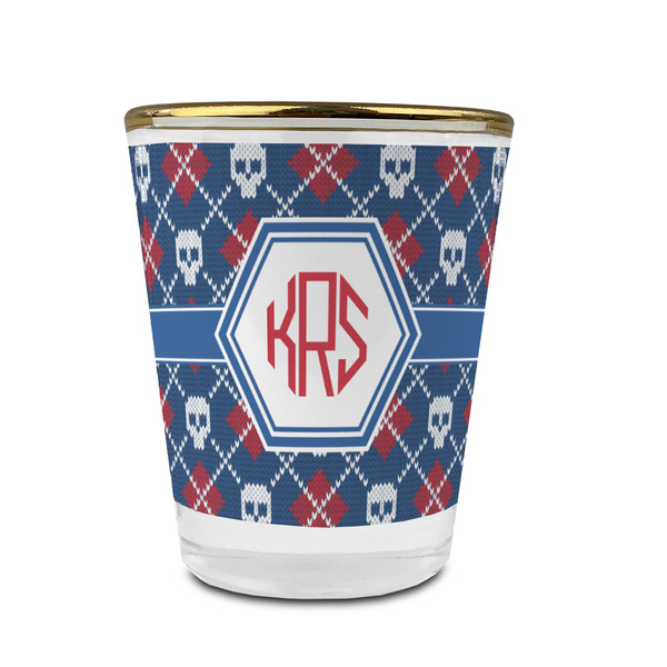 Knitted Argyle & Skulls Glass Shot Glass - With gold rim - FRONT