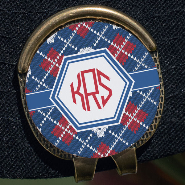 Knitted Argyle & Skulls Golf Ball Marker Hat Clip - Gold - Close Up
