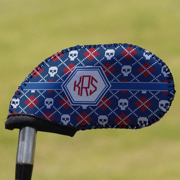 Custom Knitted Argyle & Skulls Golf Club Iron Cover (Personalized)