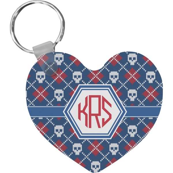 Custom Knitted Argyle & Skulls Heart Plastic Keychain w/ Monogram
