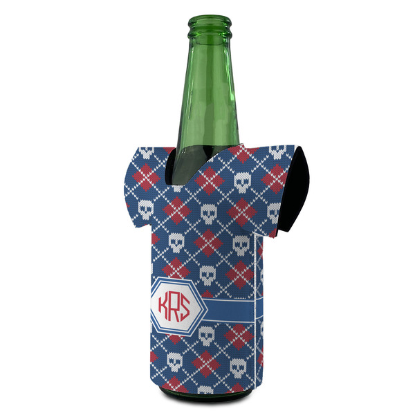 Knitted Argyle & Skulls Jersey Bottle Cooler - ANGLE (on bottle)