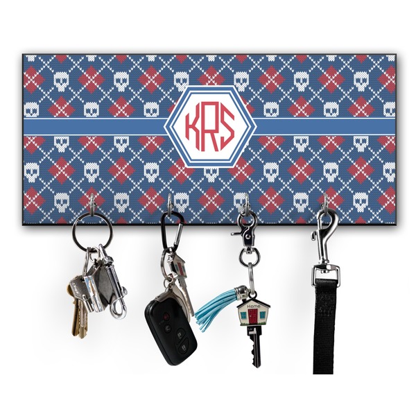 Custom Knitted Argyle & Skulls Key Hanger w/ 4 Hooks w/ Monogram