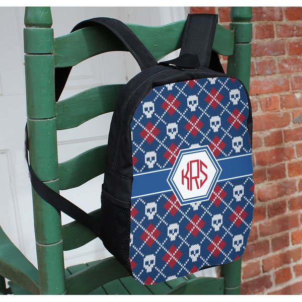Knitted Argyle & Skulls Kids Backpack - In Context