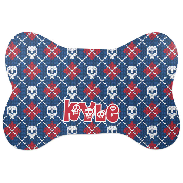 Custom Knitted Argyle & Skulls Bone Shaped Dog Food Mat (Large) (Personalized)