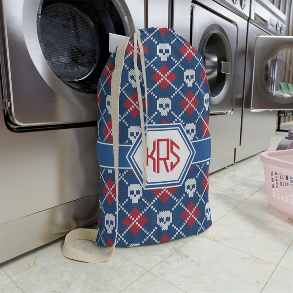 Knitted Argyle & Skulls Large Laundry Bag - In Context