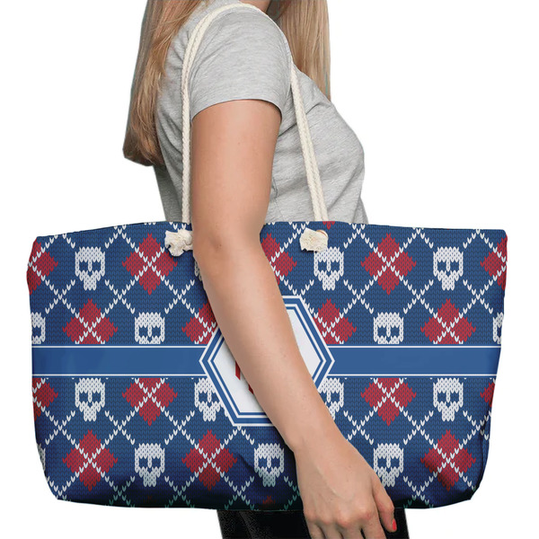 Knitted Argyle & Skulls Large Rope Tote Bag - In Context View