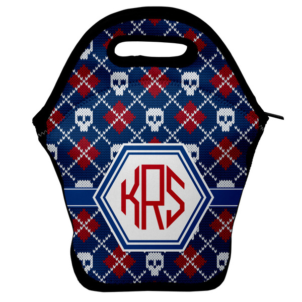 Custom Knitted Argyle & Skulls Lunch Bag w/ Monogram