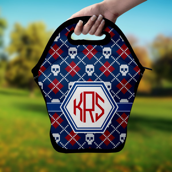 Knitted Argyle & Skulls Lunch Bag - Hand