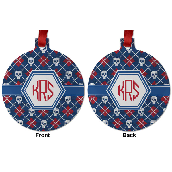 Knitted Argyle & Skulls Metal Ball Ornament - Front and Back