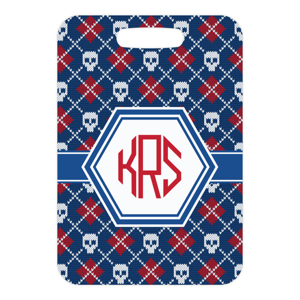 Knitted Argyle & Skulls Metal Luggage Tag - Front Without Strap