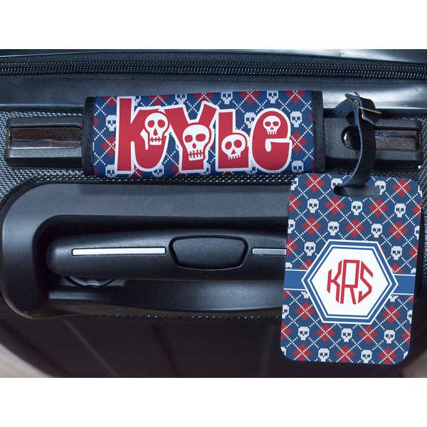 Knitted Argyle & Skulls Metal Luggage Tag & Handle Wrap - In Context