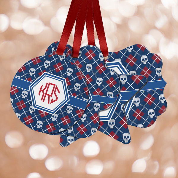Custom Knitted Argyle & Skulls Metal Ornaments - Double Sided w/ Monogram