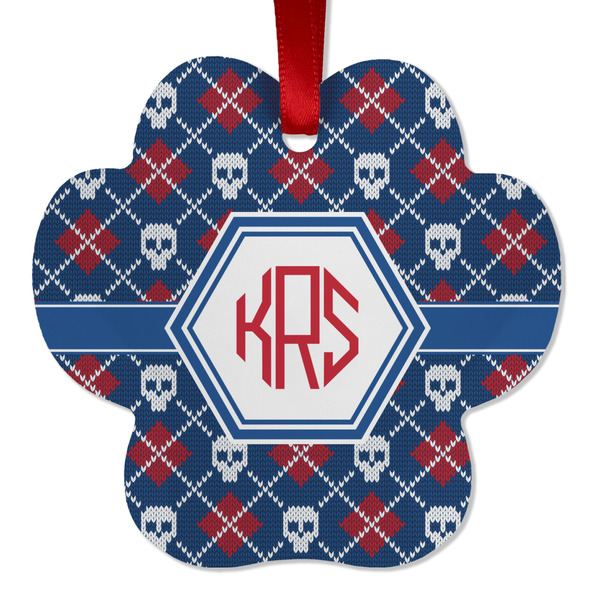 Knitted Argyle & Skulls Metal Paw Ornament - Front