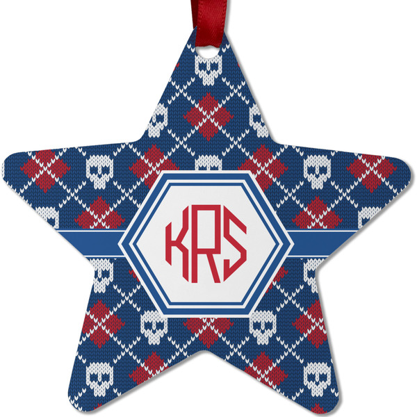 Custom Knitted Argyle & Skulls Metal Star Ornament - Double Sided w/ Monogram