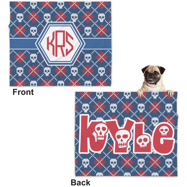 Knitted Argyle & Skulls Microfleece Dog Blanket - Large- Front & Back
