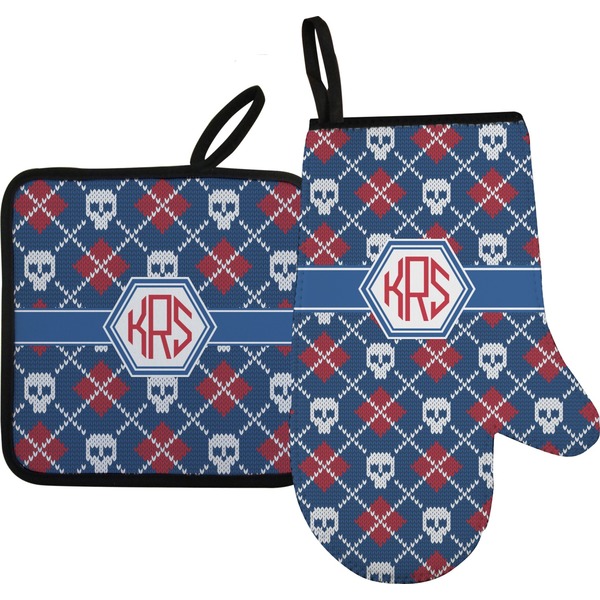 Custom Knitted Argyle & Skulls Oven Mitt & Pot Holder Set w/ Monogram