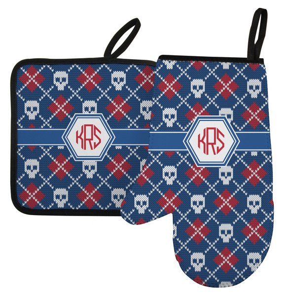Custom Knitted Argyle & Skulls Left Oven Mitt & Pot Holder Set w/ Monogram