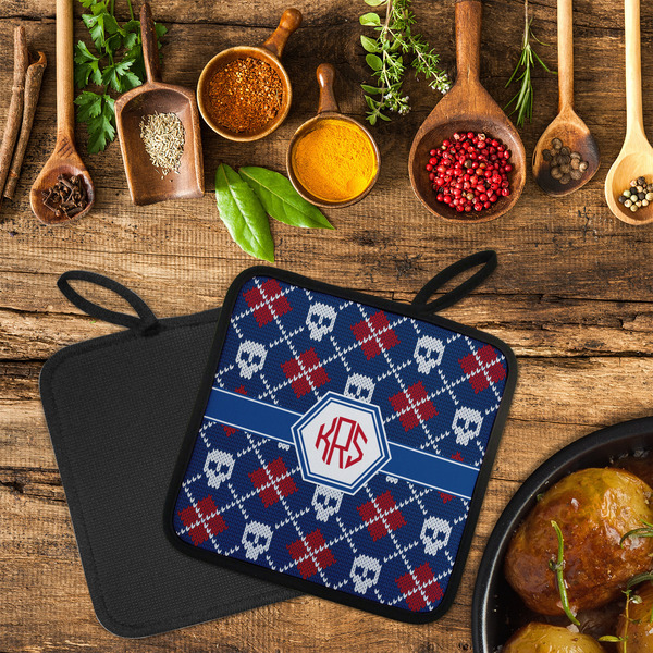 Knitted Argyle & Skulls Neoprene Pot Holder - Set of 2  LIFESTYLE (Flatlay)