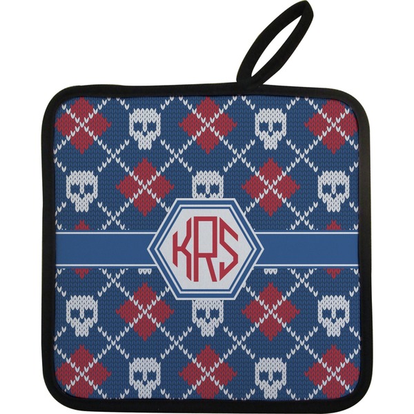 Custom Knitted Argyle & Skulls Pot Holder w/ Monogram