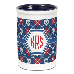 Knitted Argyle & Skulls Ceramic Pencil Holders - Blue
